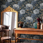 Floral Wallpaper Featuring Chrysanthemum Blooms in Dark Blue, Gray, and Gold - E297