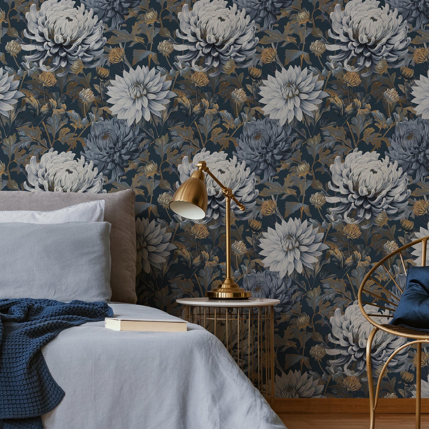 Floral Wallpaper Featuring Chrysanthemum Blooms in Dark Blue, Gray, and Gold - E297