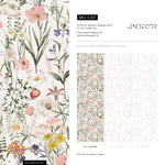 Wildflower Wallpaper Featuring a Vintage Meadow in Pink, Yellow, and Blue - E283