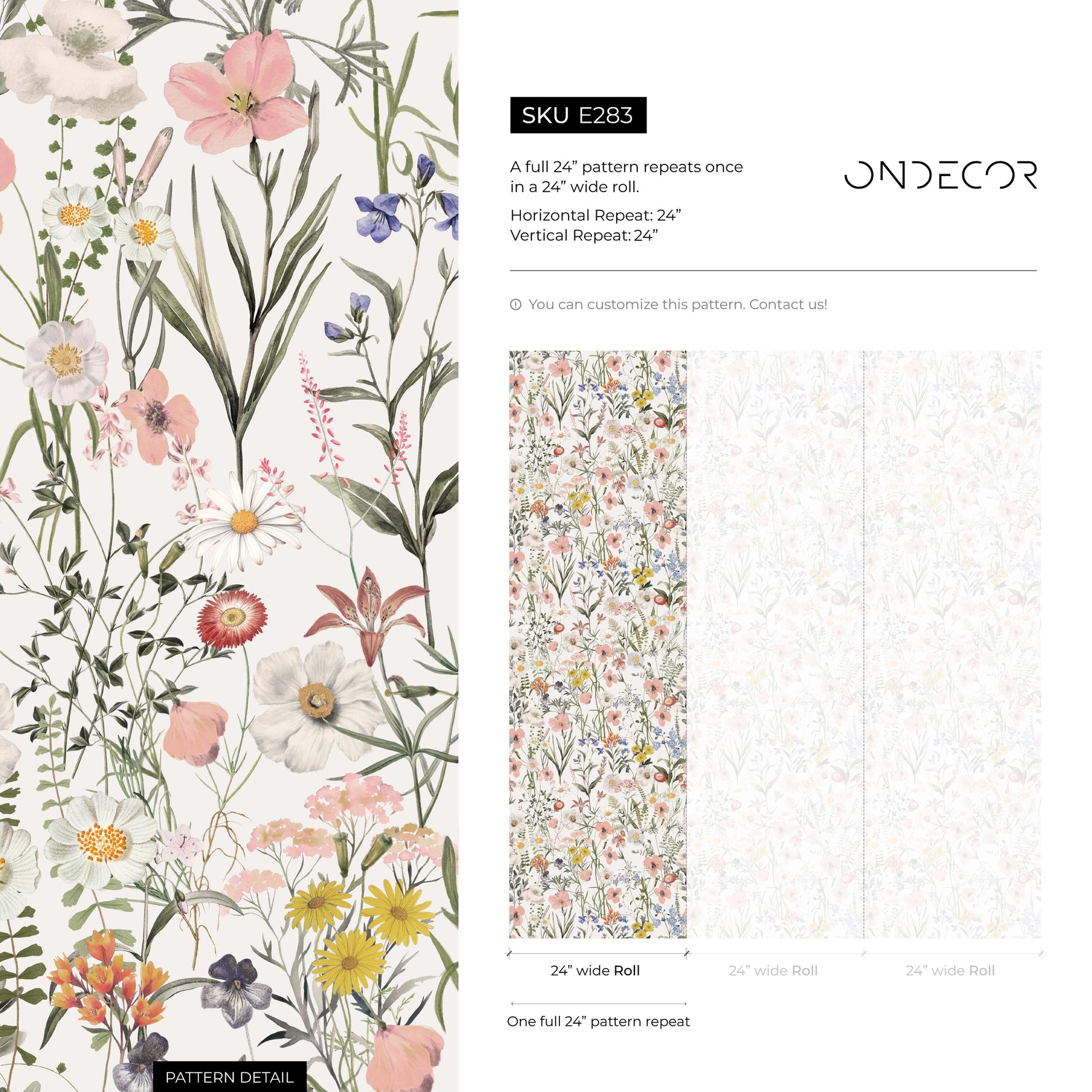Wildflower Wallpaper Featuring a Vintage Meadow in Pink, Yellow, and Blue - E283