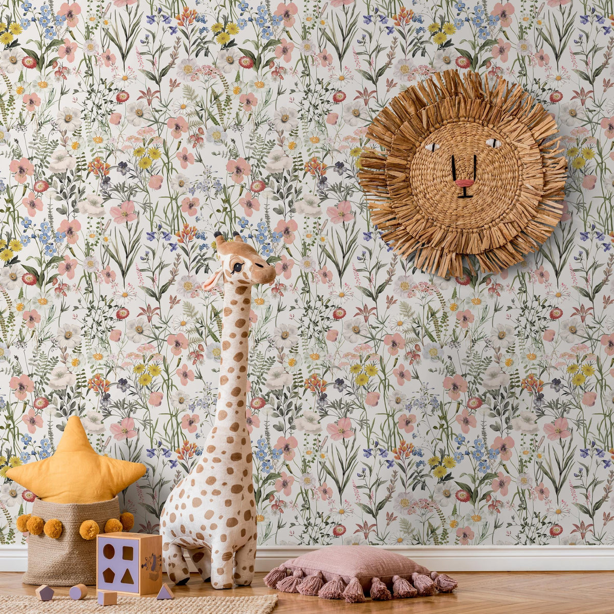 Wildflower Wallpaper Featuring a Vintage Meadow in Pink, Yellow, and Blue - E283
