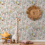 Wildflower Wallpaper Featuring a Vintage Meadow in Pink, Yellow, and Blue - E283