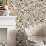 Wildflower Wallpaper Featuring a Vintage Meadow Motif in Sage Green, Pink, and Blue - E285