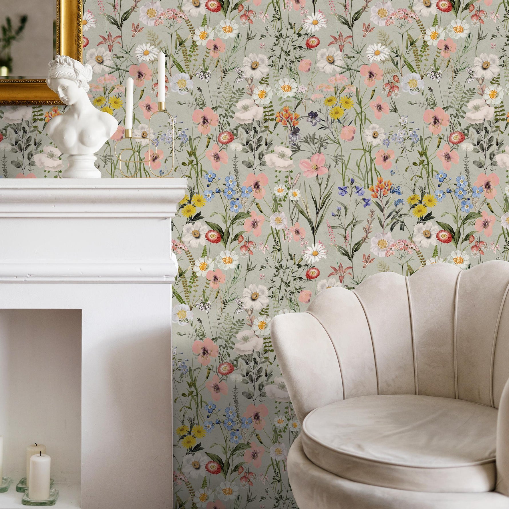 Wildflower Wallpaper Featuring a Vintage Meadow Motif in Sage Green, Pink, and Blue - E285
