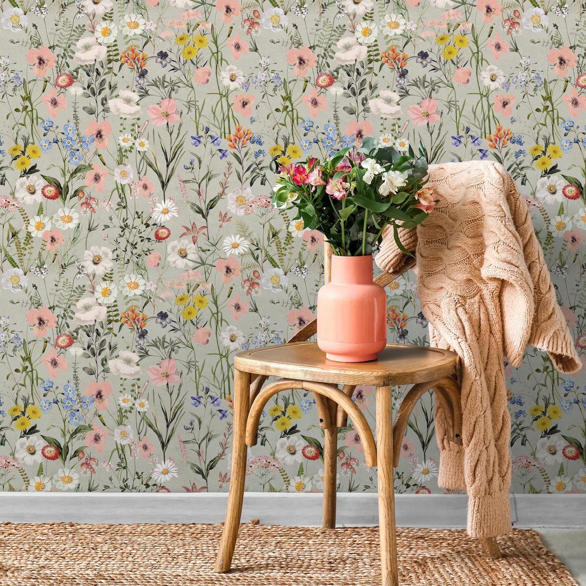 Wildflower Wallpaper Featuring a Vintage Meadow Motif in Sage Green, Pink, and Blue - E285