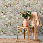 Wildflower Wallpaper Featuring a Vintage Meadow Motif in Sage Green, Pink, and Blue - E285