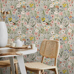 Wildflower Wallpaper Featuring a Vintage Meadow Motif in Sage Green, Pink, and Blue - E285