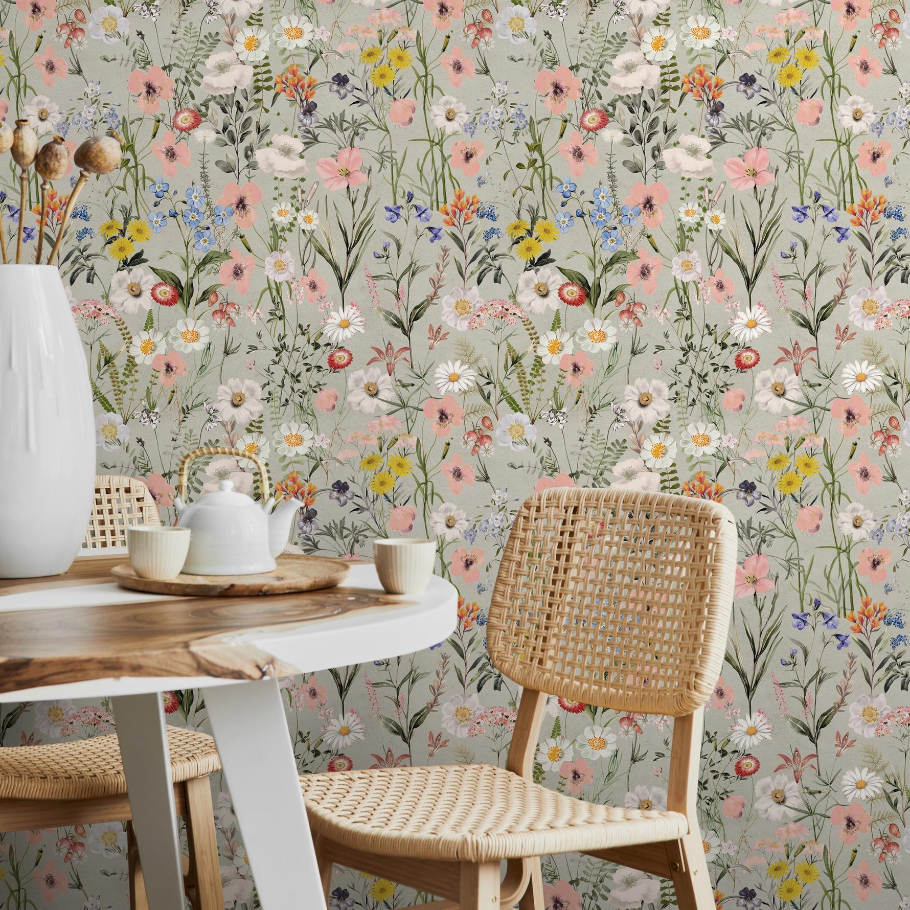 Wildflower Wallpaper Featuring a Vintage Meadow Motif in Sage Green, Pink, and Blue - E285