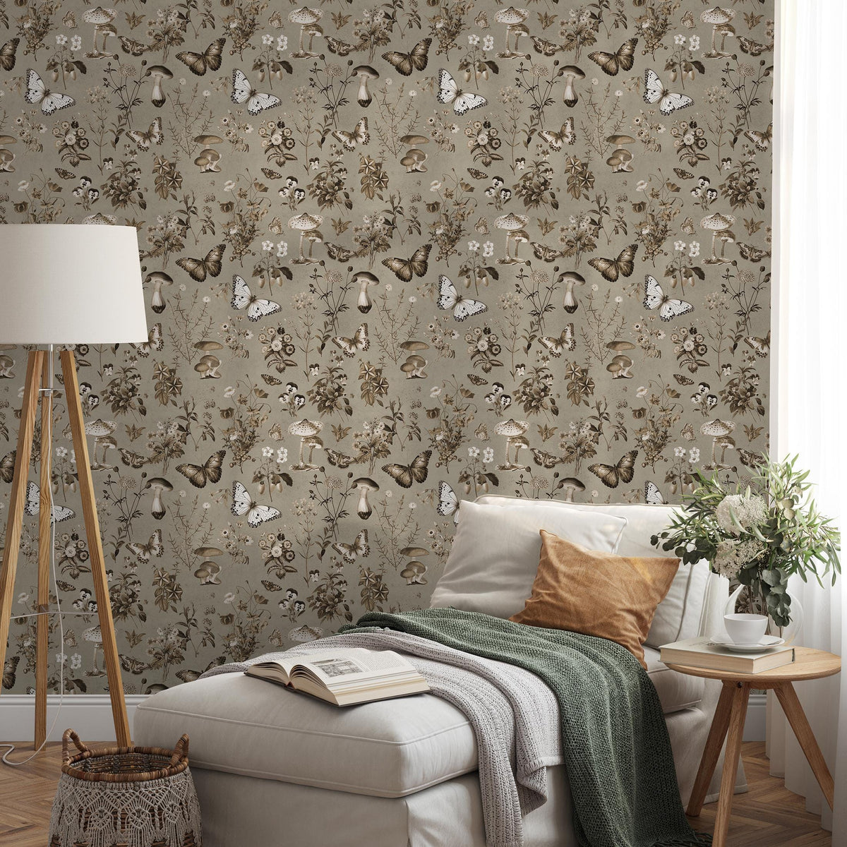 Botanical Wallpaper with Butterflies and Mushrooms in Brown and Beige - E292