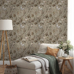 Botanical Wallpaper with Butterflies and Mushrooms in Brown and Beige - E292