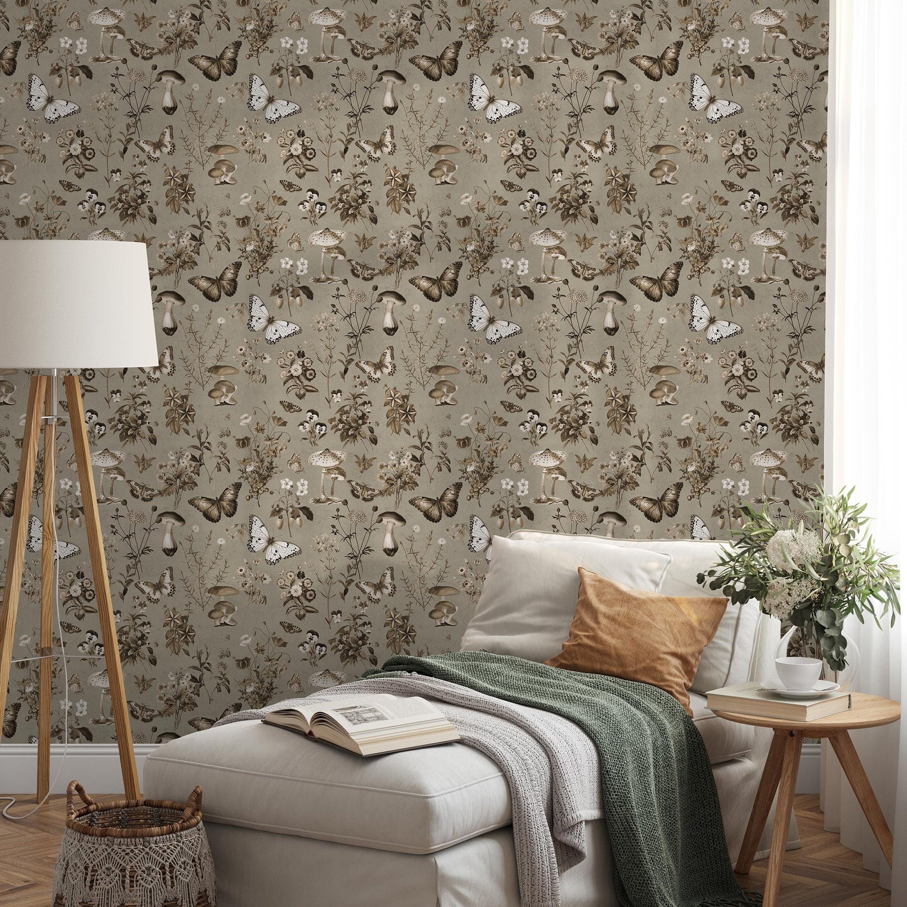 Botanical Wallpaper with Butterflies and Mushrooms in Brown and Beige - E292