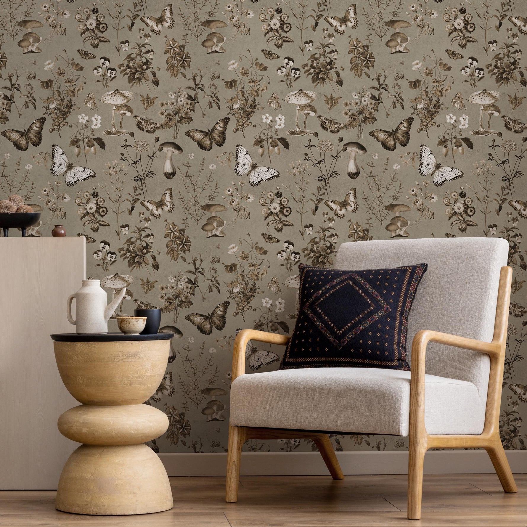 Botanical Wallpaper with Butterflies and Mushrooms in Brown and Beige - E292