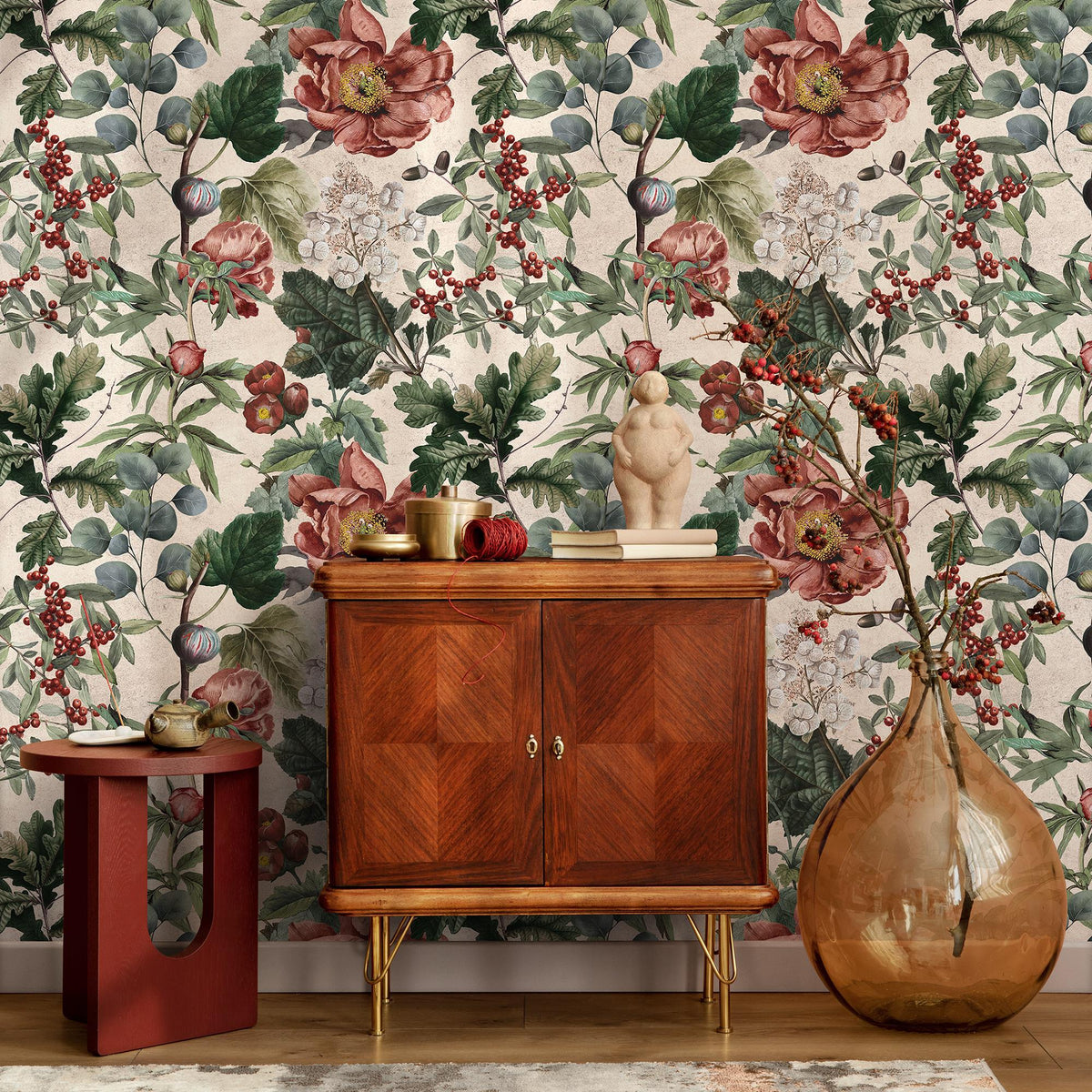 Botanical Wallpaper Featuring Peonies, Figs, and Berries in Red and Green - E279