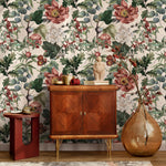 Botanical Wallpaper Featuring Peonies, Figs, and Berries in Red and Green - E279
