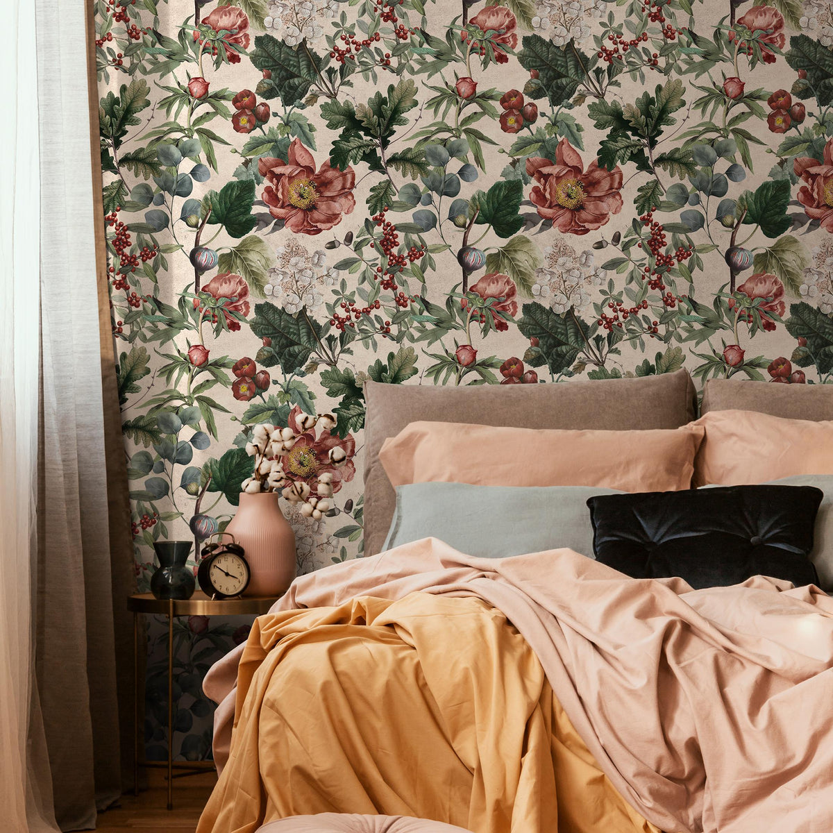 Botanical Wallpaper Featuring Peonies, Figs, and Berries in Red and Green - E279