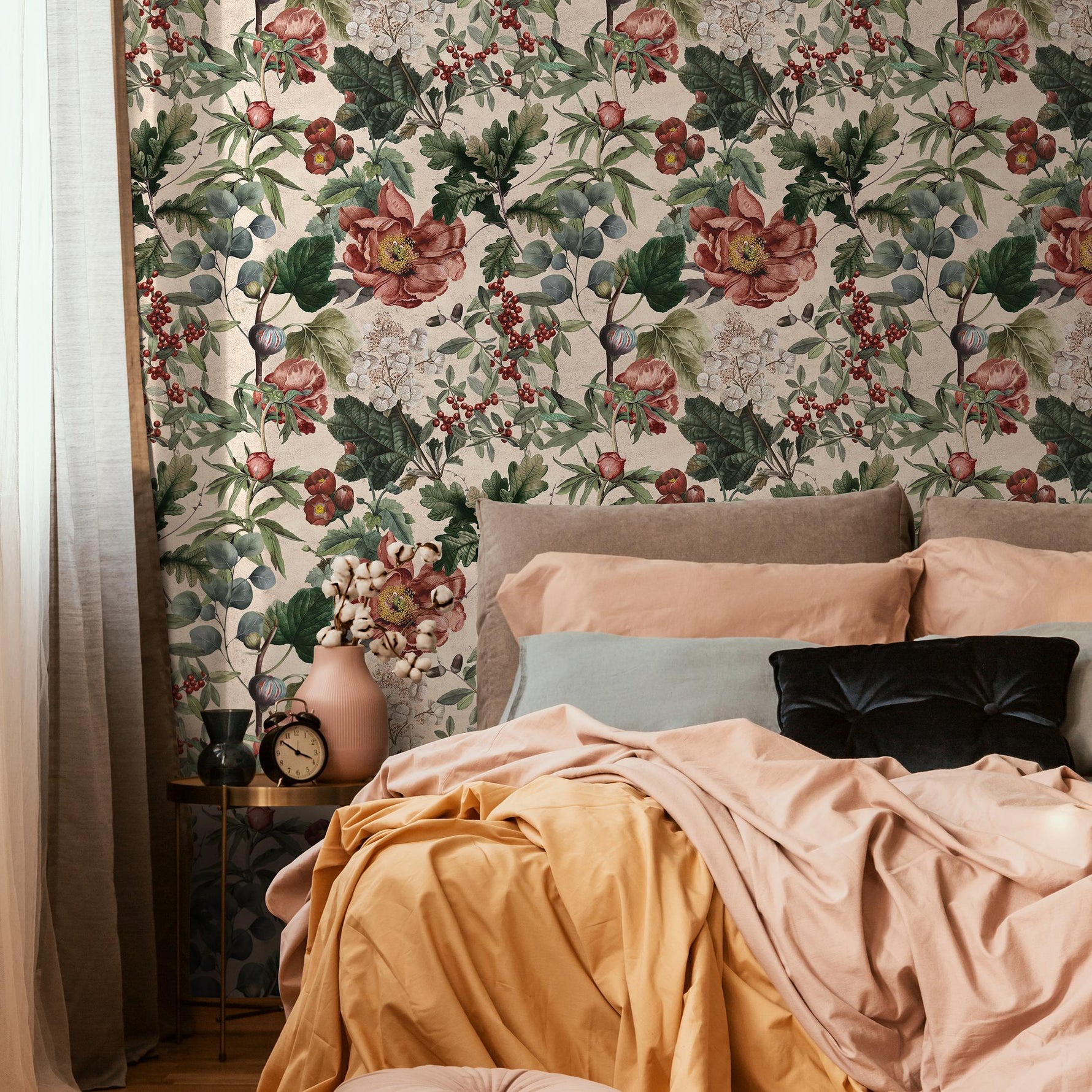 Botanical Wallpaper Featuring Peonies, Figs, and Berries in Red and Green - E279