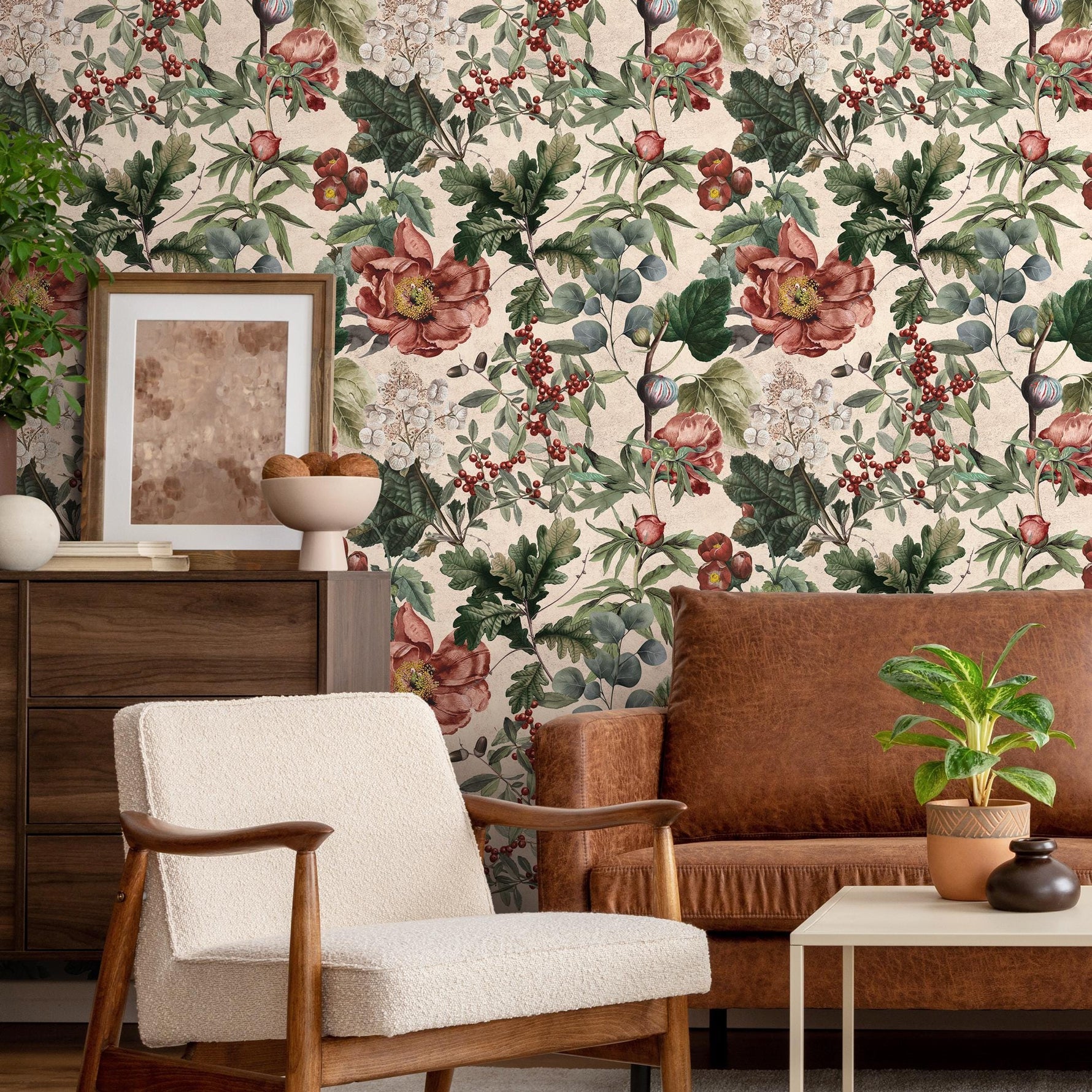 Botanical Wallpaper Featuring Peonies, Figs, and Berries in Red and Green - E279