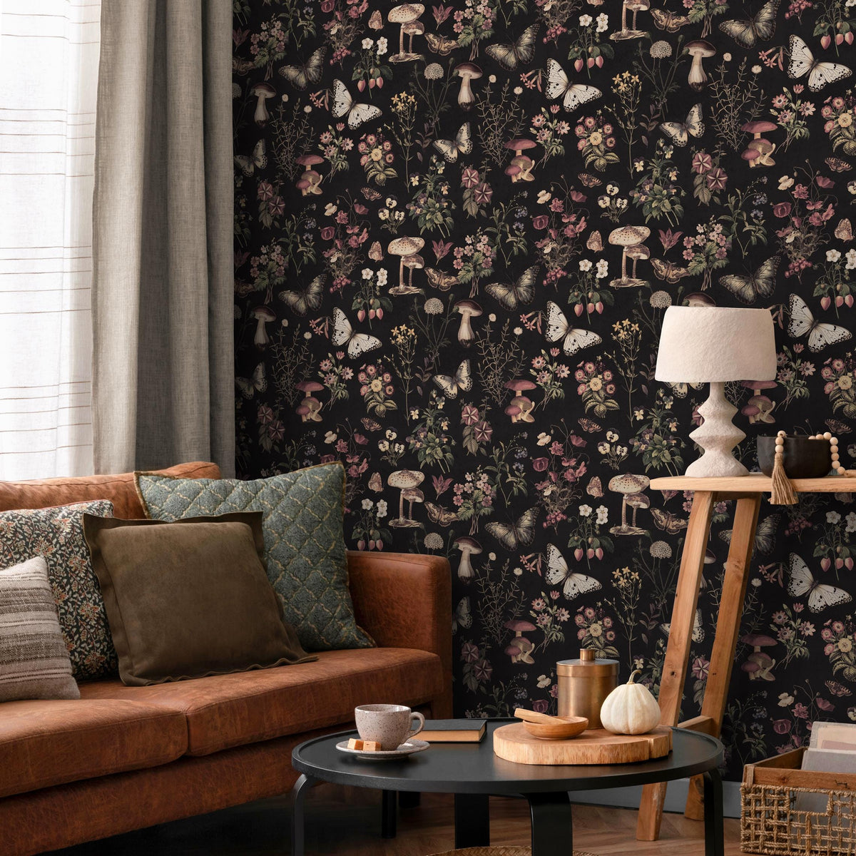 Dark Botanical Wallpaper with Moths and Mushrooms in Pink and Beige - E289