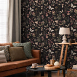 Dark Botanical Wallpaper with Moths and Mushrooms in Pink and Beige - E289