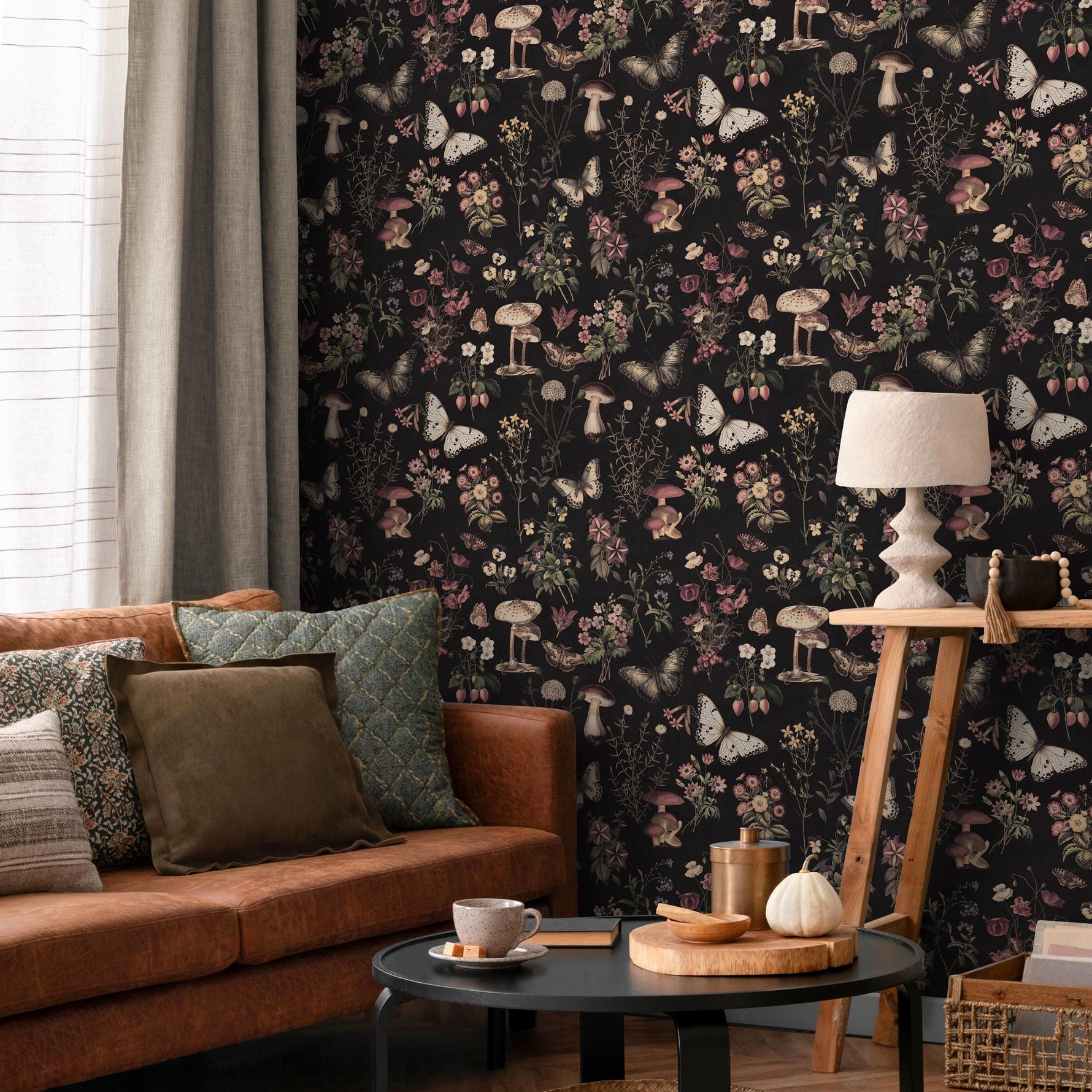 Dark Botanical Wallpaper with Moths and Mushrooms in Pink and Beige - E289