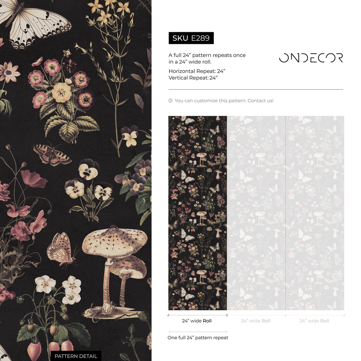 Dark Botanical Wallpaper with Moths and Mushrooms in Pink and Beige - E289