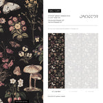 Dark Botanical Wallpaper with Moths and Mushrooms in Pink and Beige - E289