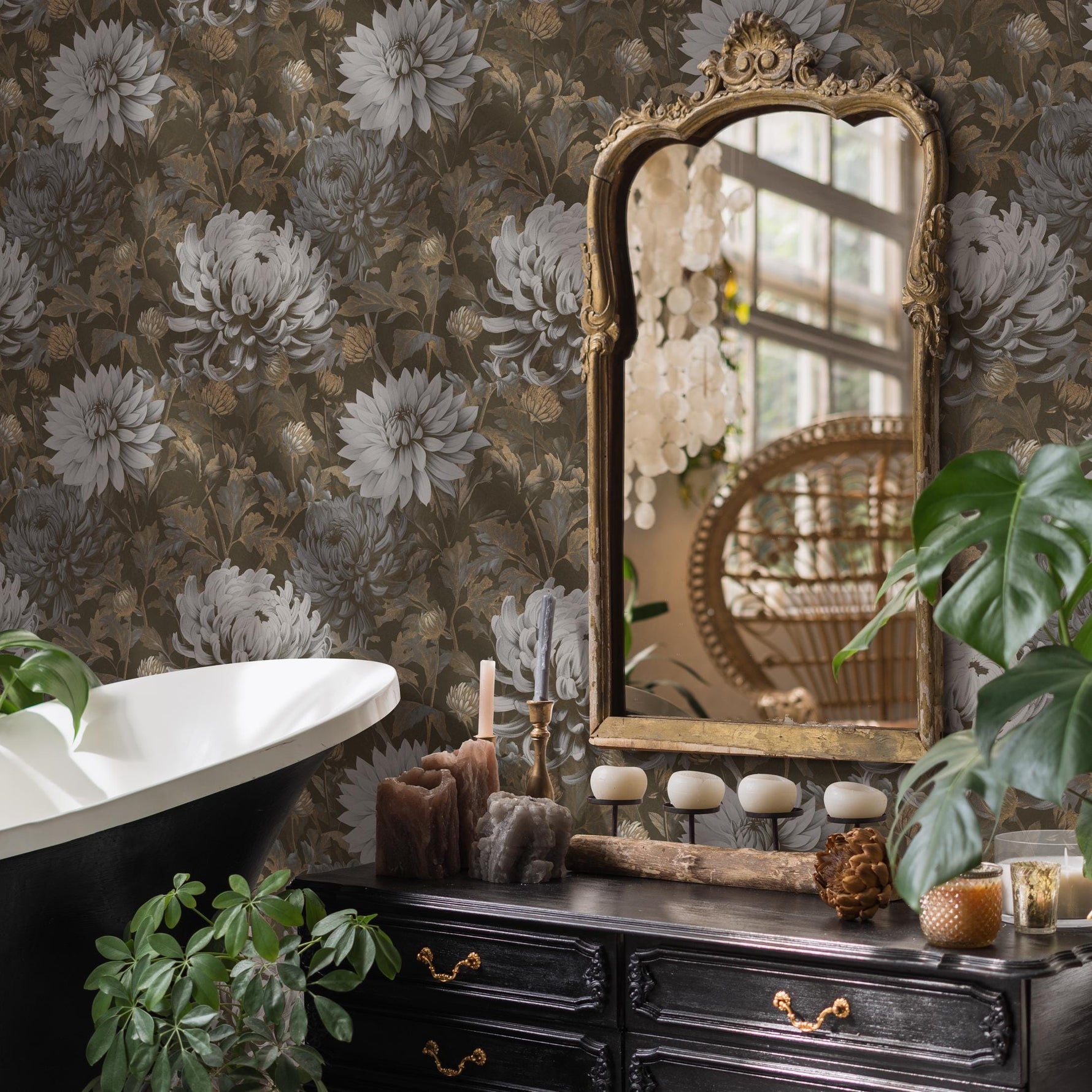 Floral Wallpaper featuring Vintage Chrysanthemums in Brown, Gray, and Beige - E298