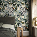 Botanical Wallpaper with a Serpent and Floral Motif in Blue, Green, and Black - E295