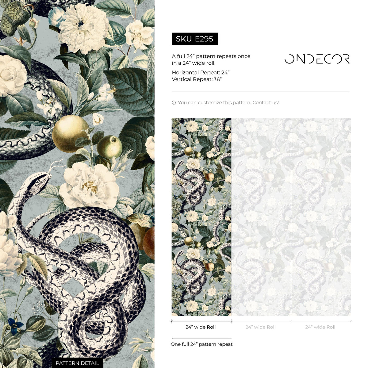 Botanical Wallpaper with a Serpent and Floral Motif in Blue, Green, and Black - E295