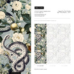 Botanical Wallpaper with a Serpent and Floral Motif in Blue, Green, and Black - E295
