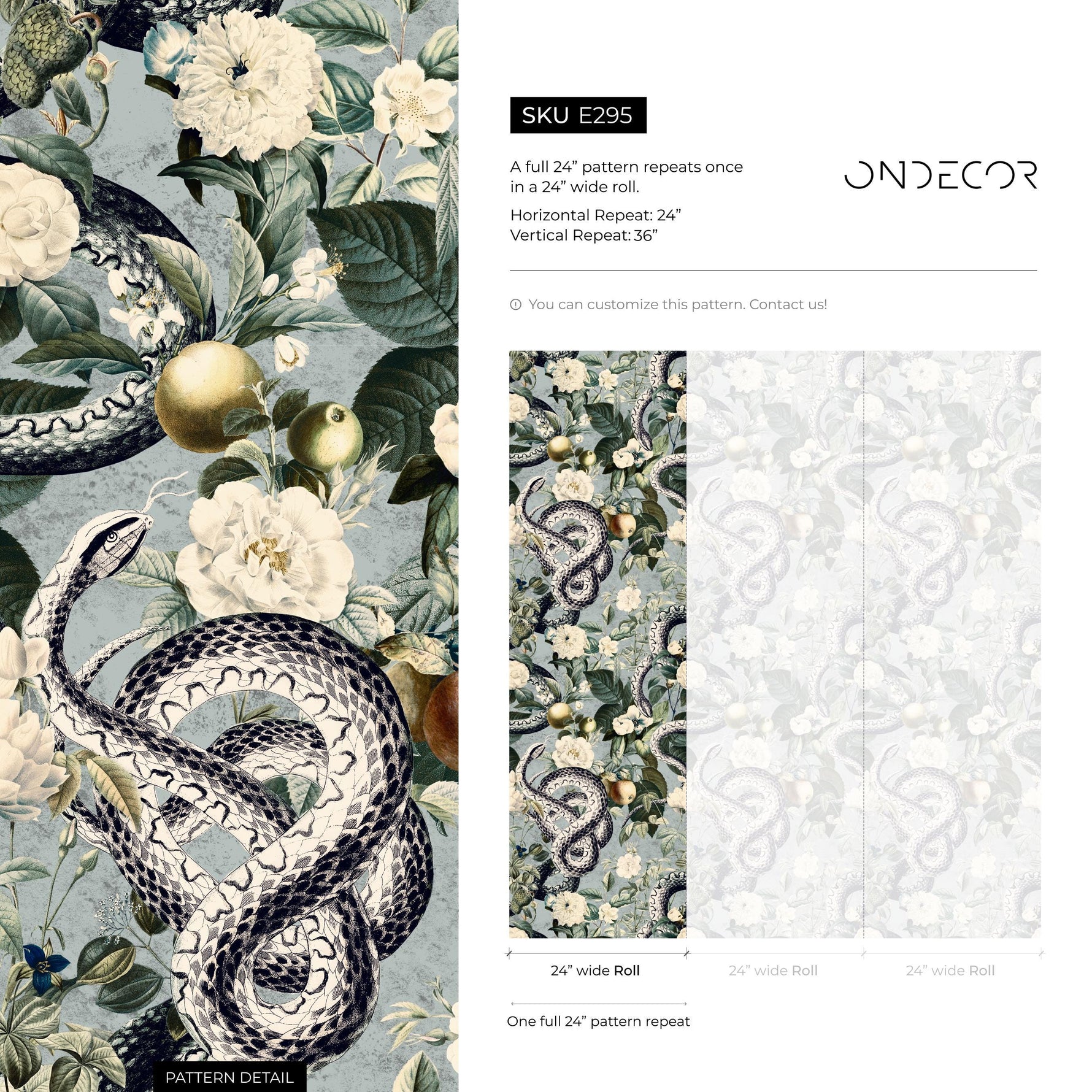 Botanical Wallpaper with a Serpent and Floral Motif in Blue, Green, and Black - E295