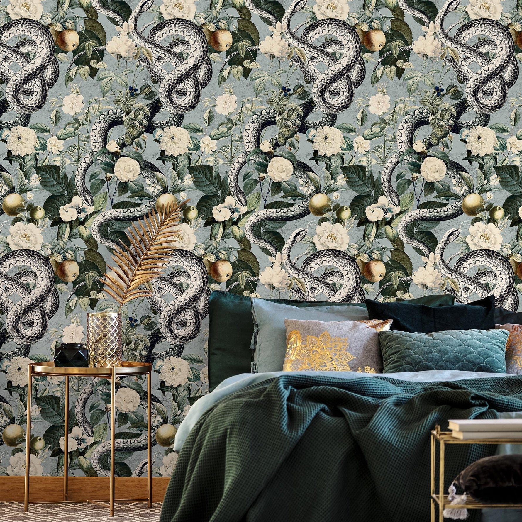 Botanical Wallpaper with a Serpent and Floral Motif in Blue, Green, and Black - E295