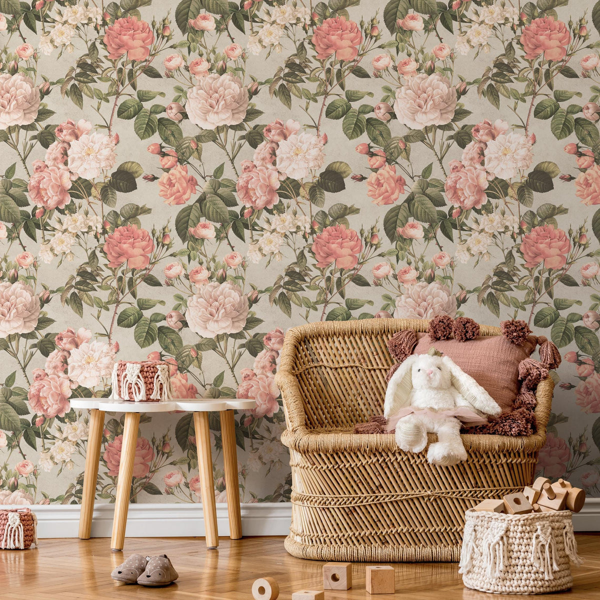Floral Wallpaper with a Vintage Rose Motif in Pink, Green, and Beige - E301