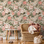 Floral Wallpaper with a Vintage Rose Motif in Pink, Green, and Beige - E301