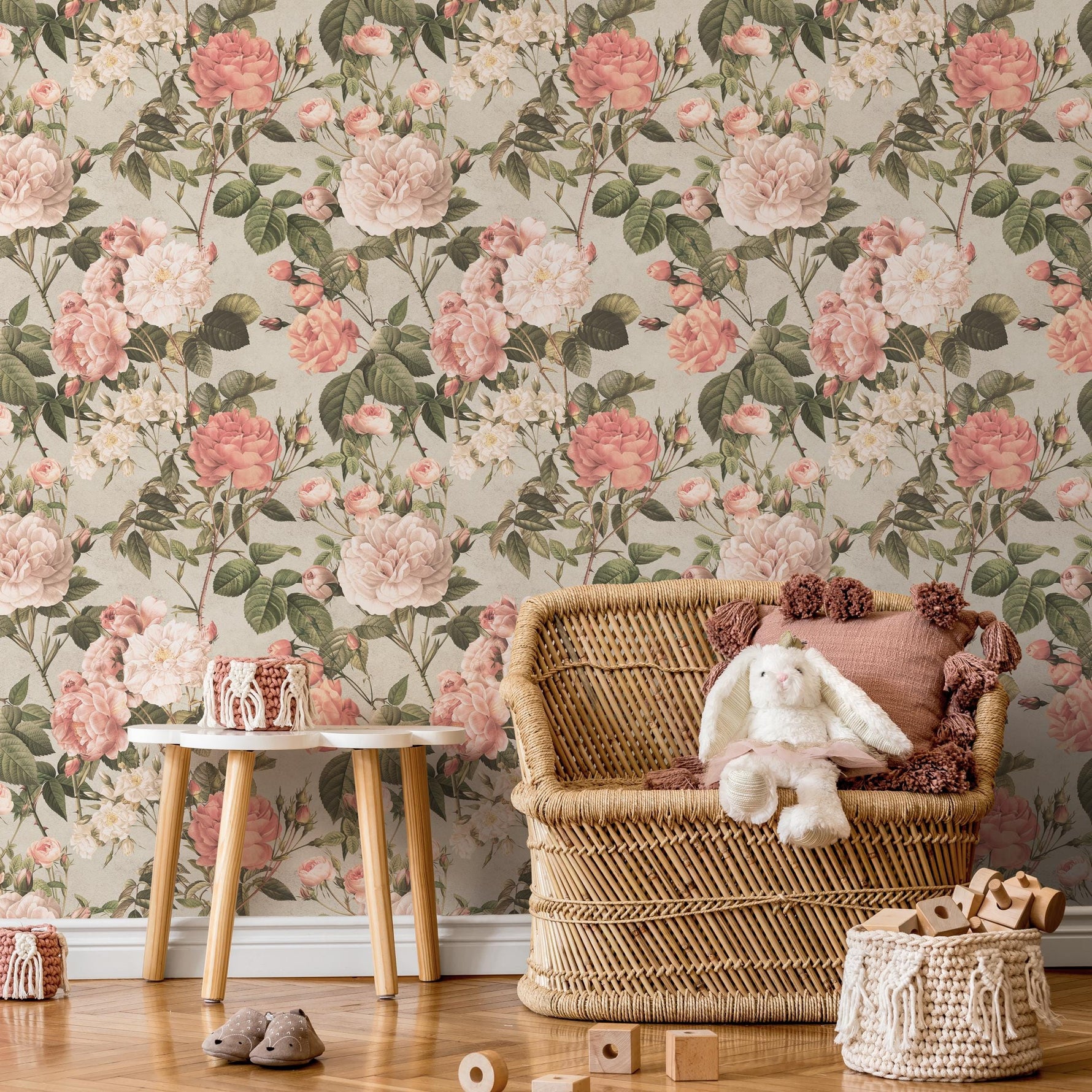 Floral Wallpaper with a Vintage Rose Motif in Pink, Green, and Beige - E301