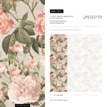 Floral Wallpaper with a Vintage Rose Motif in Pink, Green, and Beige - E301