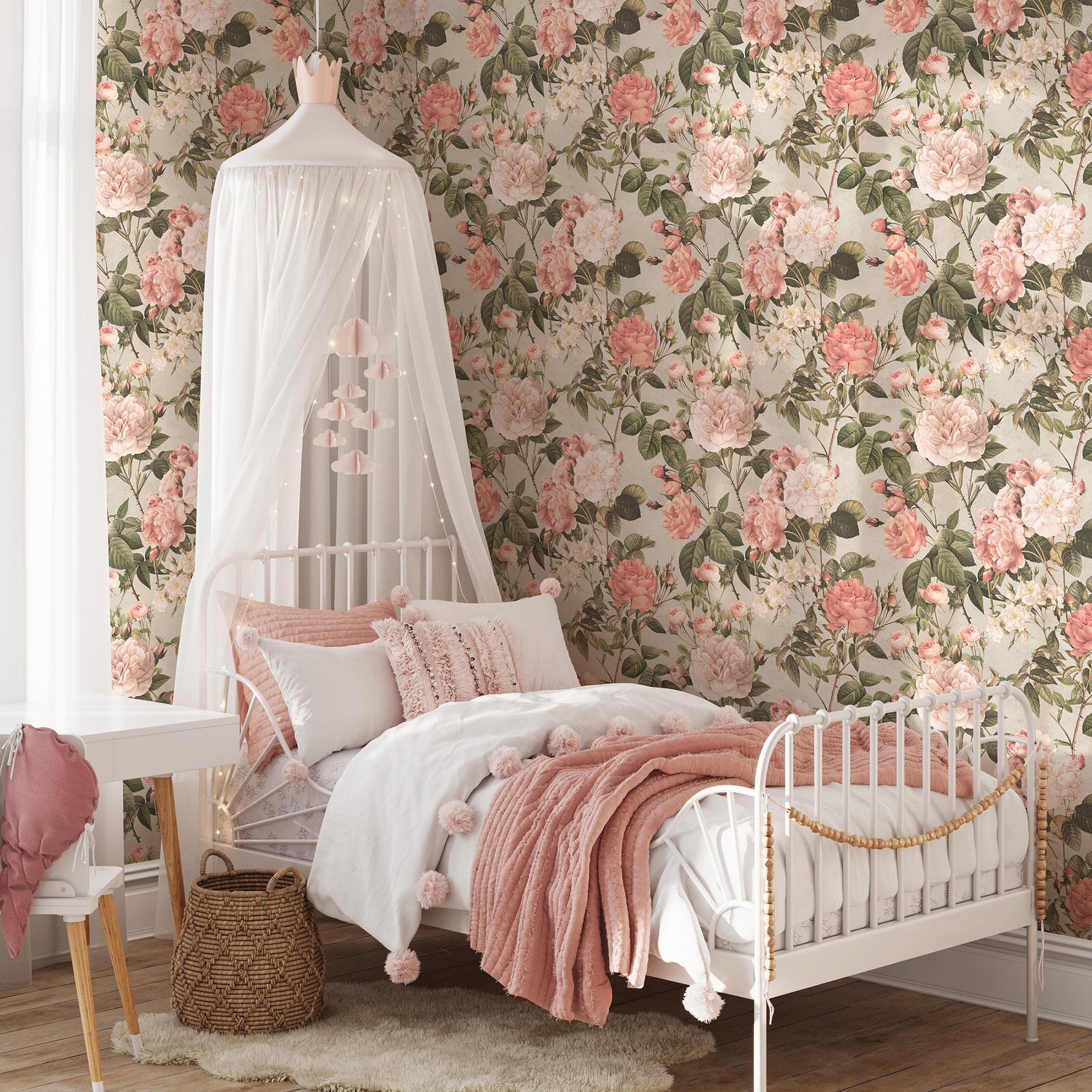 Floral Wallpaper with a Vintage Rose Motif in Pink, Green, and Beige - E301