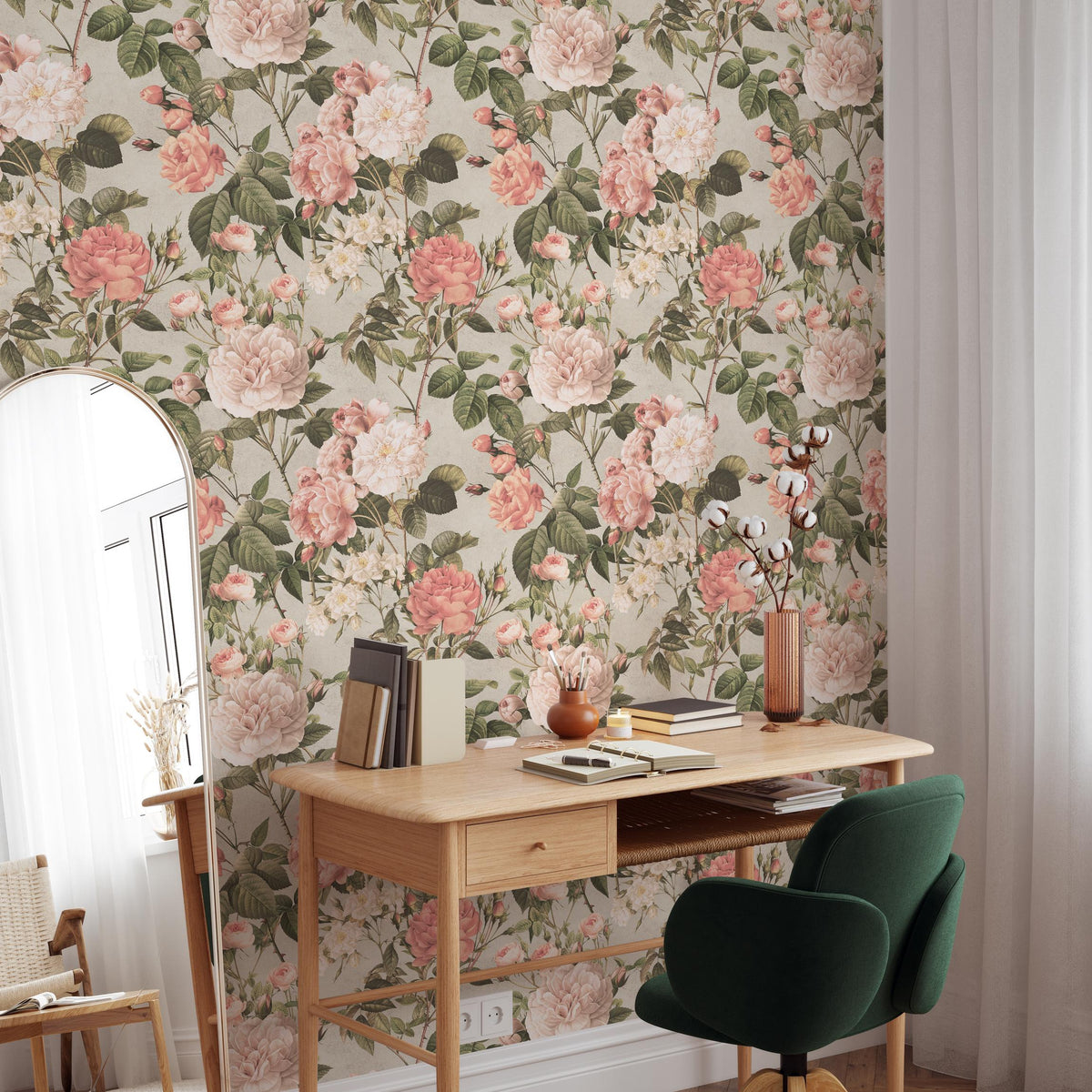 Floral Wallpaper with a Vintage Rose Motif in Pink, Green, and Beige - E301