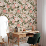 Floral Wallpaper with a Vintage Rose Motif in Pink, Green, and Beige - E301