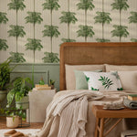 Botanical Wallpaper Featuring a Vintage Palm Tree Pattern in Green and Beige - E308
