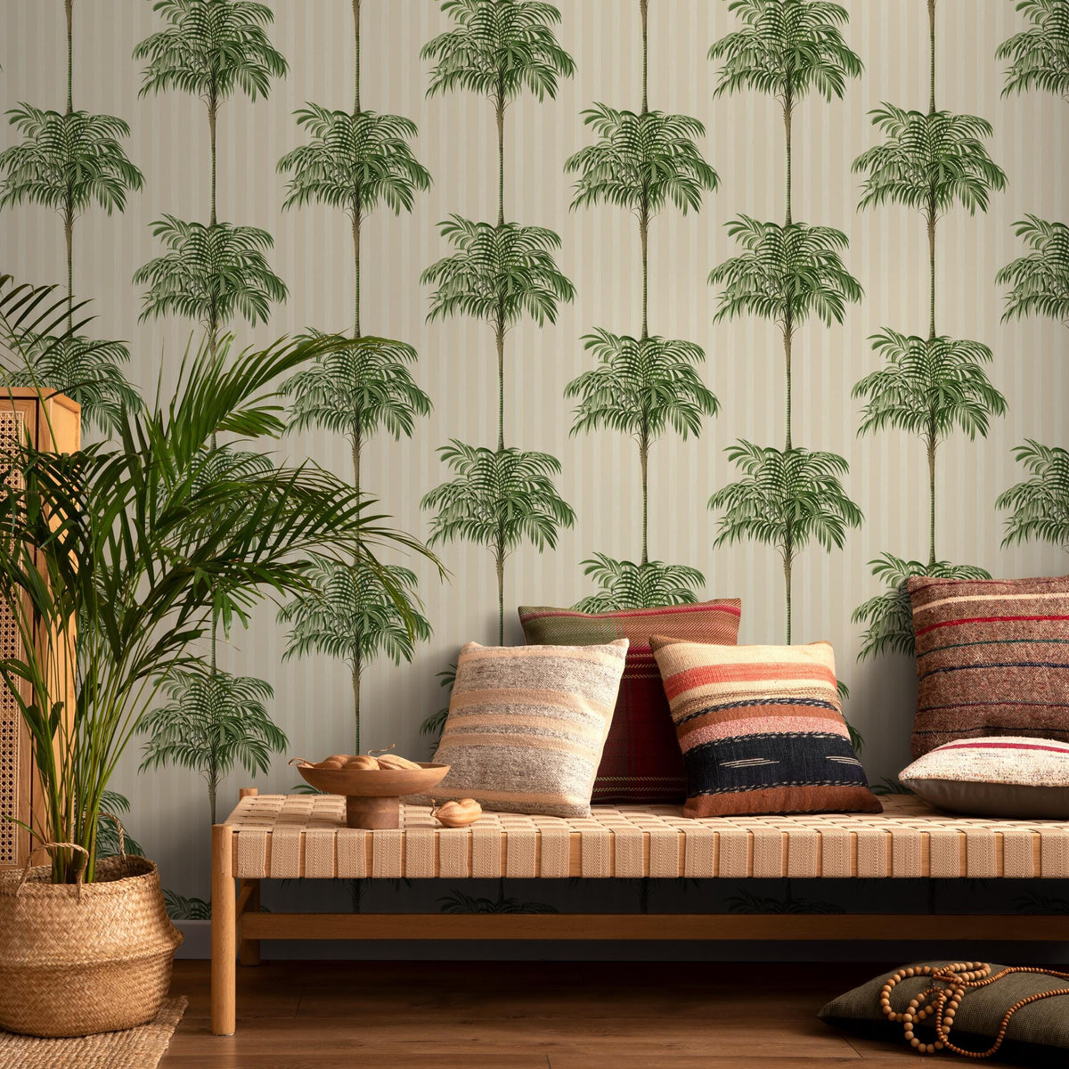 Botanical Wallpaper Featuring a Vintage Palm Tree Pattern in Green and Beige - E308