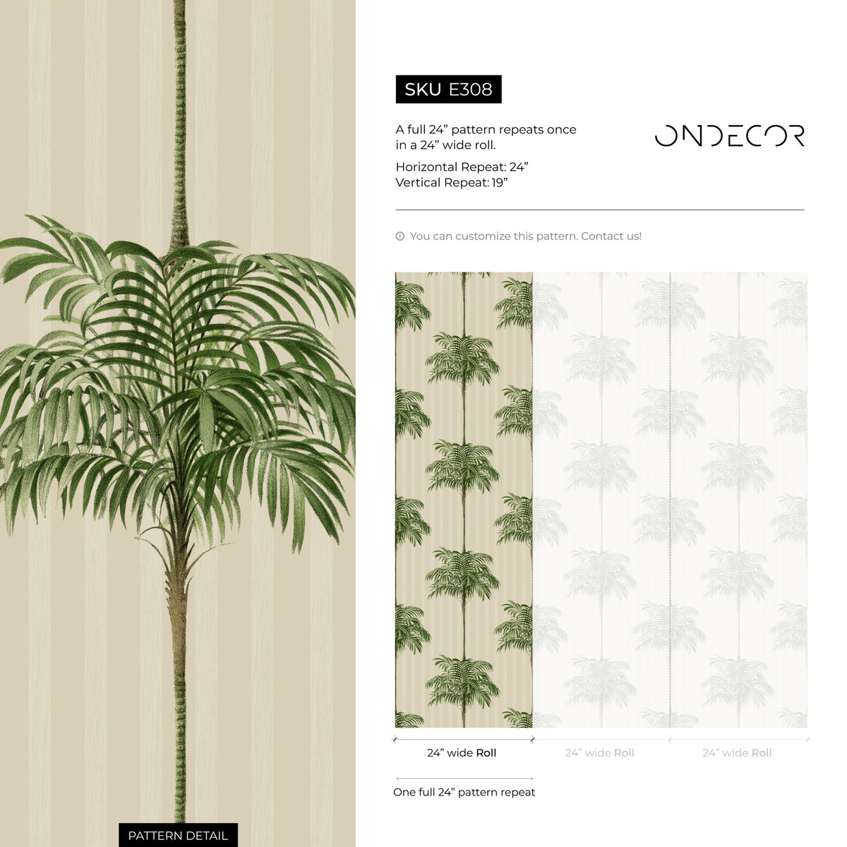 Botanical Wallpaper Featuring a Vintage Palm Tree Pattern in Green and Beige - E308