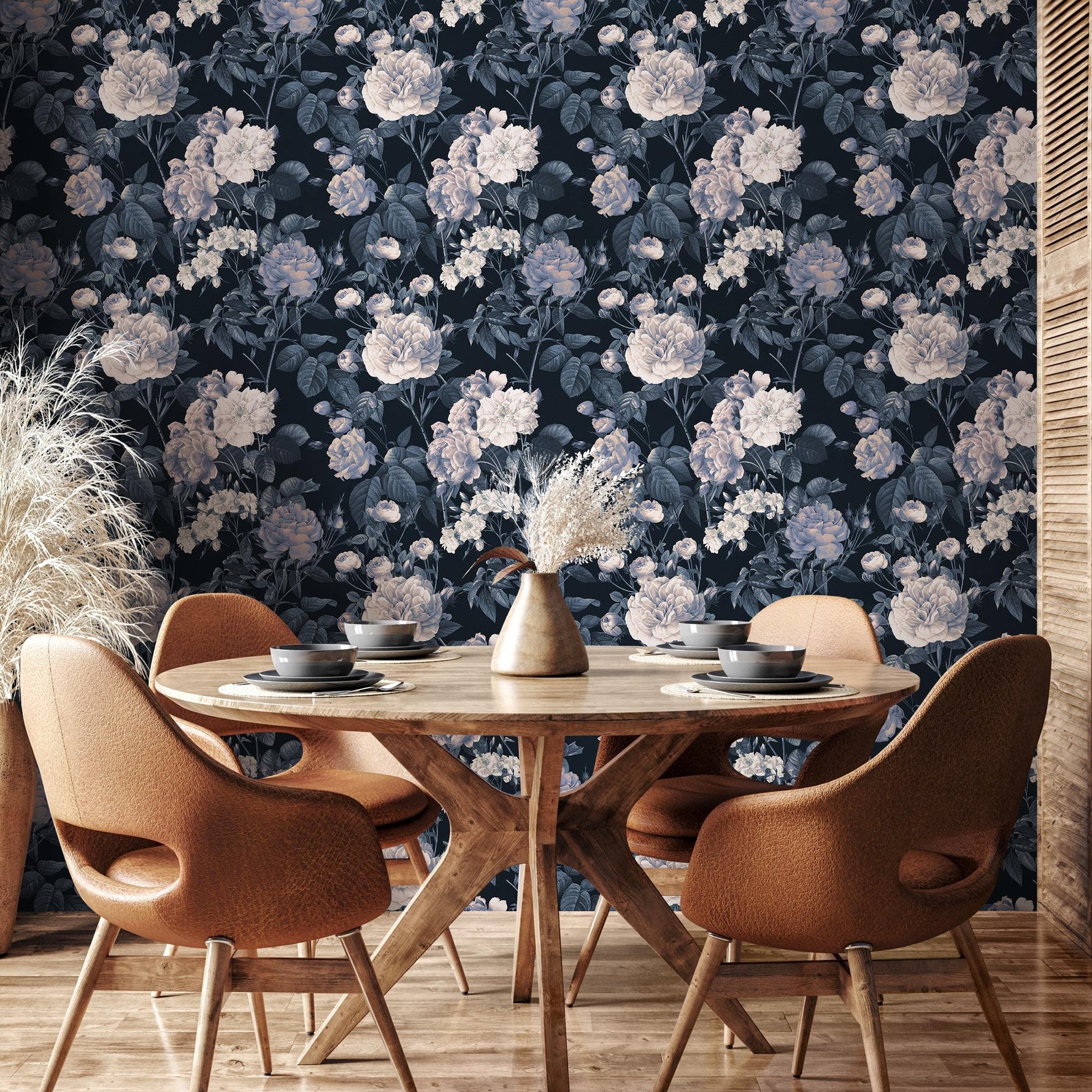 Floral Wallpaper Featuring Vintage Roses in Dark Blue and White - E303