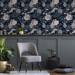 Floral Wallpaper Featuring Vintage Roses in Dark Blue and White - E303