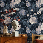 Floral Wallpaper Featuring Vintage Roses in Dark Blue and White - E303
