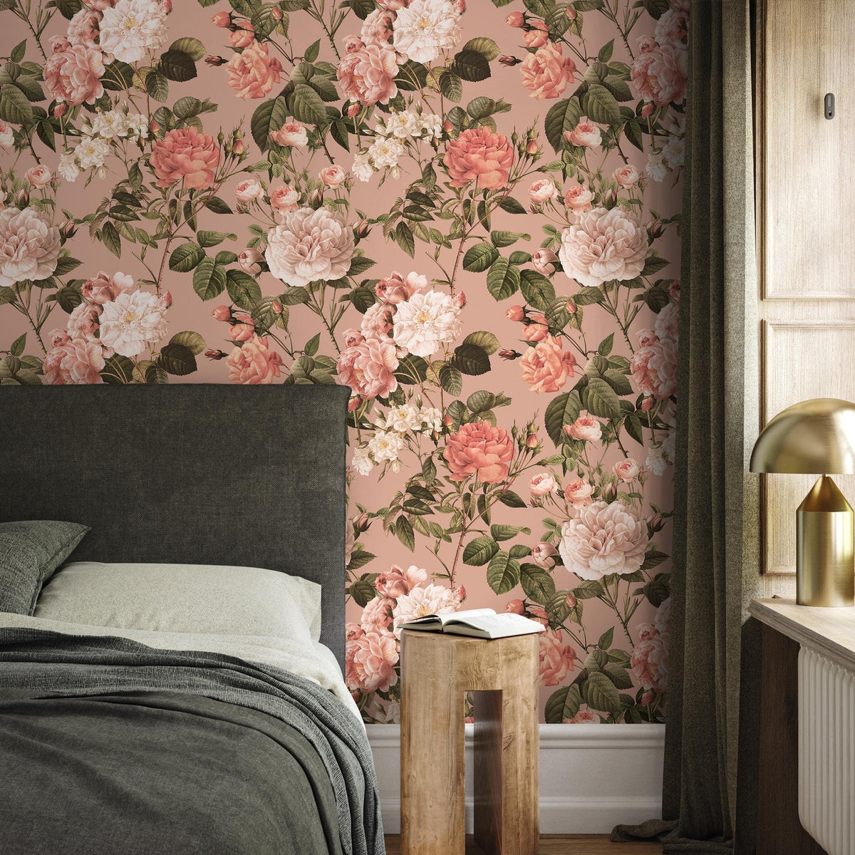 Floral Wallpaper with Vintage Roses and Peonies in Pink and Green - E304