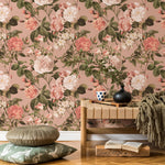 Floral Wallpaper with Vintage Roses and Peonies in Pink and Green - E304