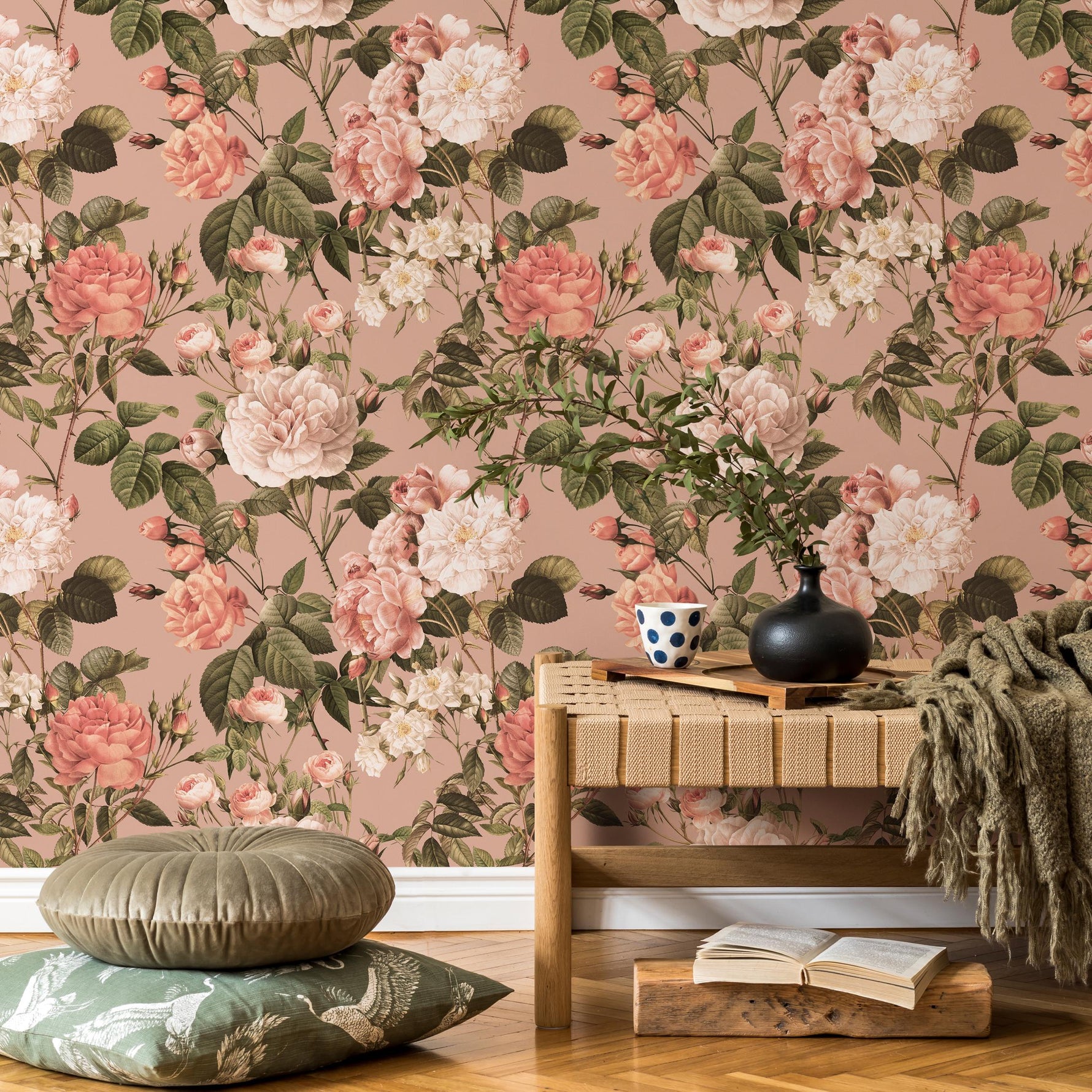 Floral Wallpaper with Vintage Roses and Peonies in Pink and Green - E304