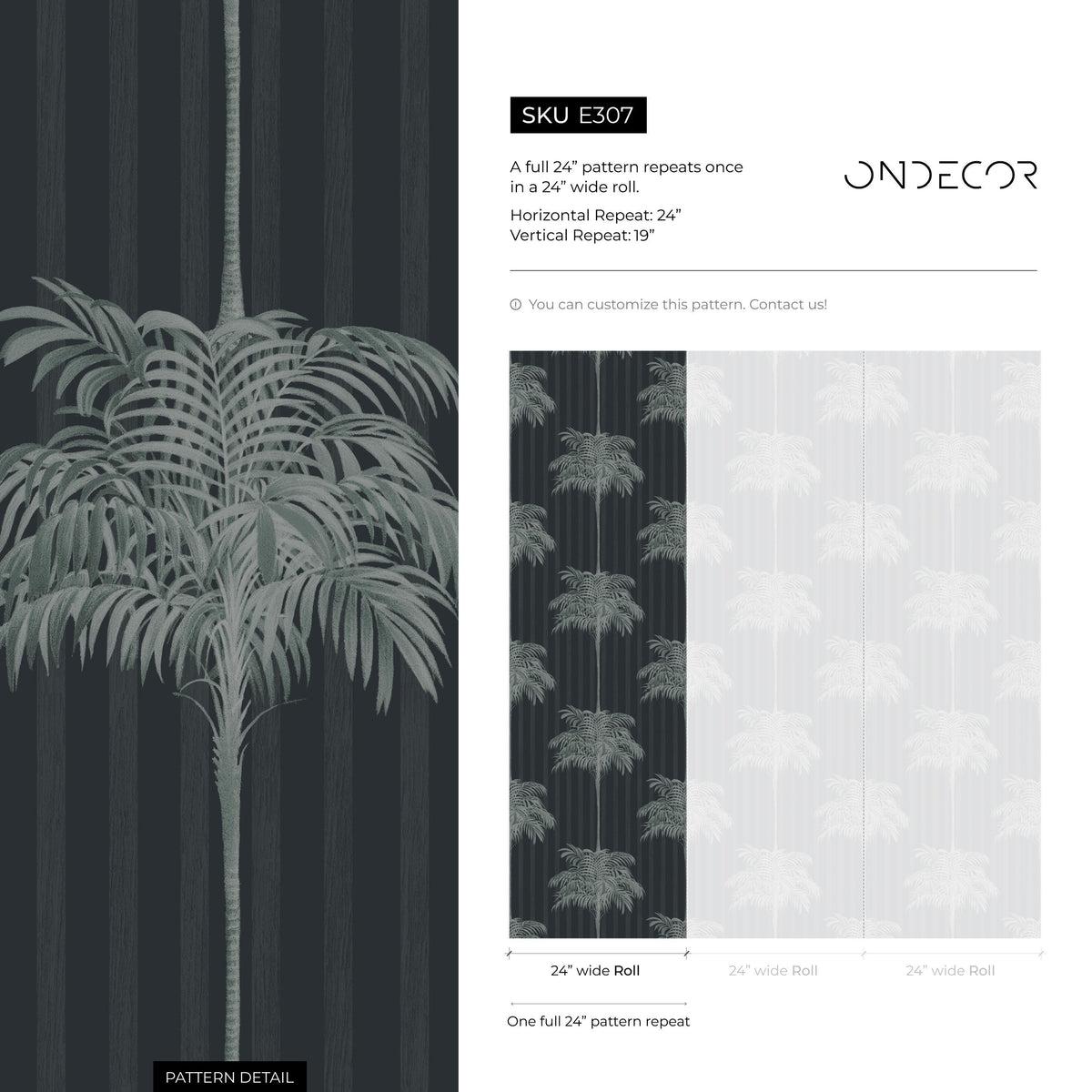 Botanical Wallpaper with a Striped Palm Tree Motif in Black and Gray - E307