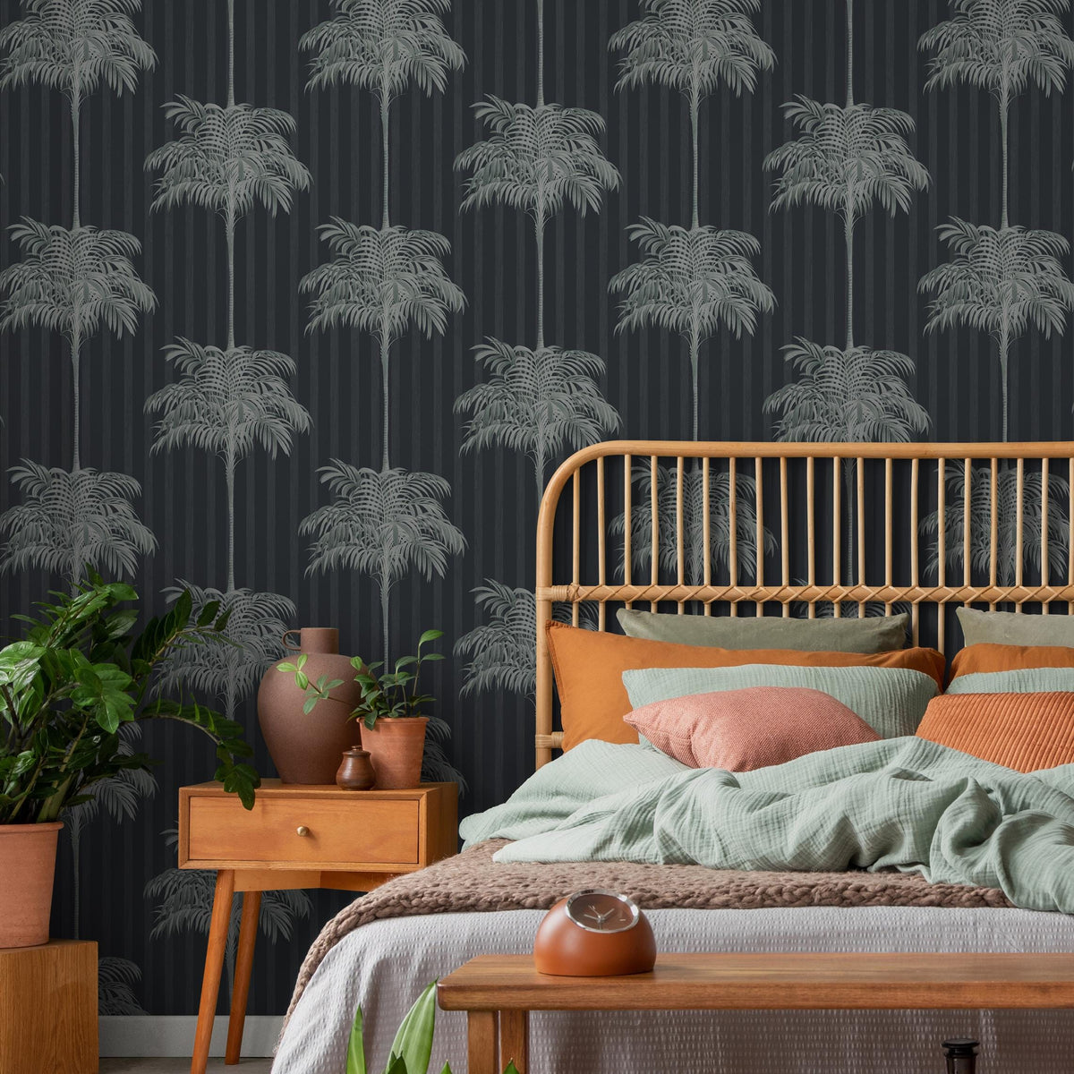 Botanical Wallpaper with a Striped Palm Tree Motif in Black and Gray - E307